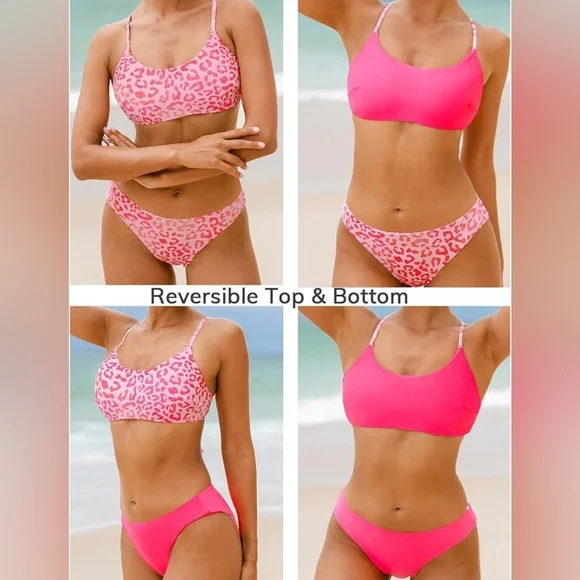 Cupshe Swim Bikini Reversible Pink Leopard Criss Cross Size M Bottom/L Top  FL - Picture 2 of 7